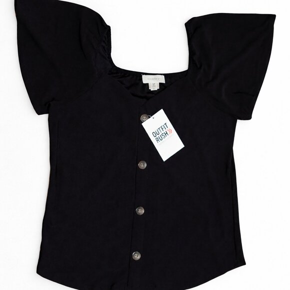 Monteau Tops - Monteau Black Button-Front Blouse | Women’s Square Neck Short Sleeve Top